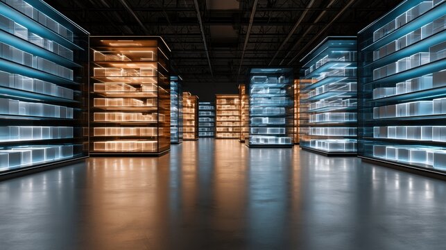 Digital shelves glow in a warehouse as an AI system orders products automatically, enhancing retail management with efficient replenishment.
