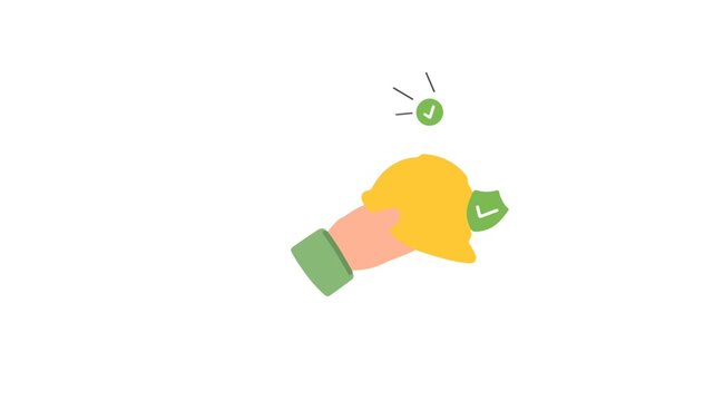 Hand holding a yellow construction hard hat with safety checkmarks