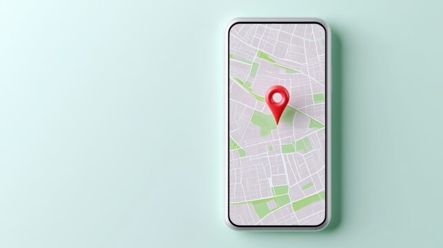 Smartphone shows GPS navigation map in a modern style with location pin on simple background