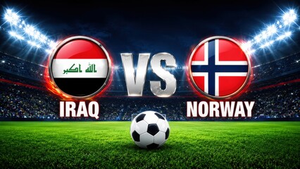 Fototapeta premium Iraq vs Norway Soccer Match Graphic With National Flags and Night Stadium Background