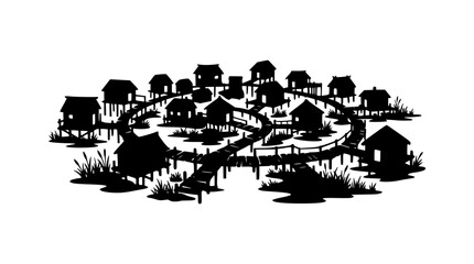 Obraz premium Black Silhouette Illustration of a Traditional Stilt Village on Water