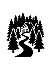 Obraz premium Cabin in Pine Forest Silhouette with Winding Path Vector