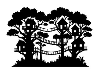 Fototapeta premium Black Silhouette of a Treehouse Village Connected by Rope Bridges