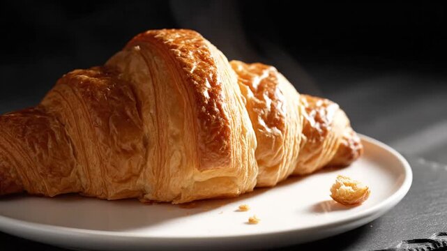 Delicious freshly baked croissant on white plate with steam rising capturing detailed crispy layers and golden flaky exterior