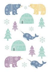 Arctic Animals. Vector Set. Nordic Folk Art. Patterned Texture. Sticker Design. © khafid