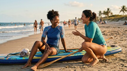 Obraz premium Two diverse young women friends laughing and talking on a beach with a stand up paddle board during a sunny summer vacation trip, active lifestyle and friendship concept