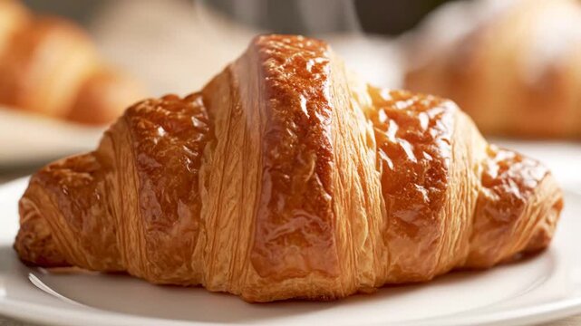 Close-up of freshly baked golden croissants stacked on a white plate showcasing flaky layers and shiny surface in a cozy bakery
