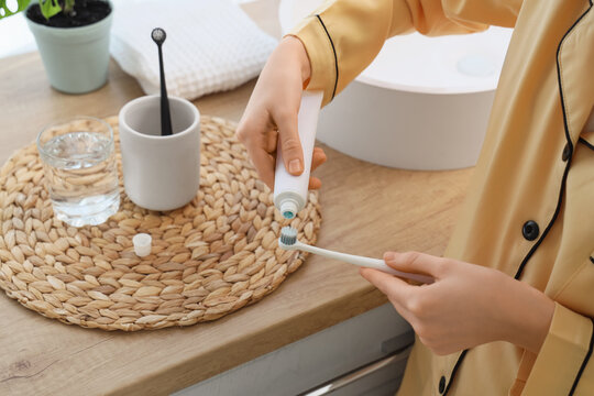 Morning oral hygiene routine with toothpaste and toothbrush, personal care and dental health