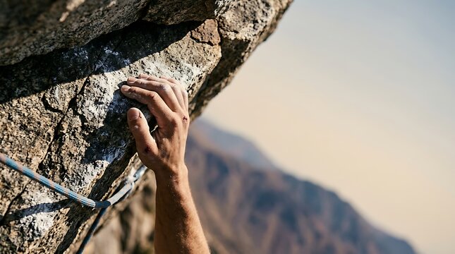 Close up of a rock climber hand gripping a mountain granite ledge