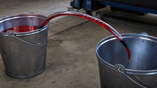 A clear plastic tube transferring red liquid between metal buckets on concrete.