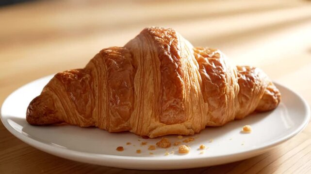 Close-up of a golden flaky croissant on a white plate captured using high-resolution photography