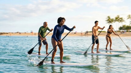 Obraz premium Diverse group of friends stand up paddleboarding in ocean, active multi-generational people enjoying water sports on tropical beach vacation, healthy lifestyle and fitness concept