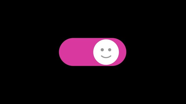 animated round buttons with smile and frown expressions, buttons that slide right and left, on off, color change, black background, 4k video