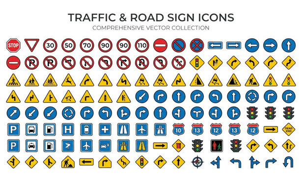 Traffic road sign collection web icons transportation vector design set
