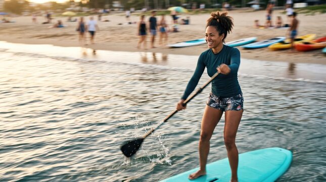 Active young woman paddleboarding on ocean water at sunset beach vacation lifestyle concept for travel and fitness promotion