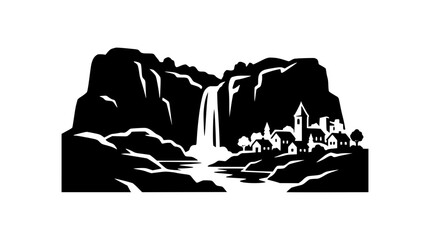 Obraz premium Waterfall Village Mountain Landscape Vector Illustration Silhouette