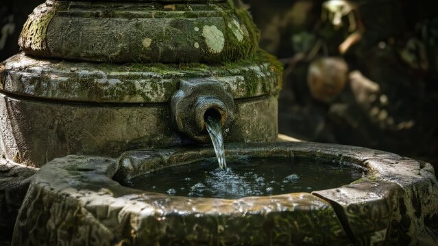 Close-up of an ancient mossy stone wellhead with water flowing into a basin.