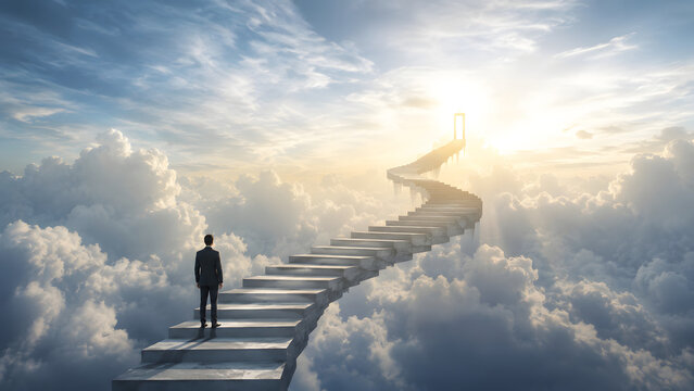 Business professional standing on a floating staircase rising through the clouds toward a glowing portal, symbolizing ambition, achievement, transformation and the journey toward success and opportuni