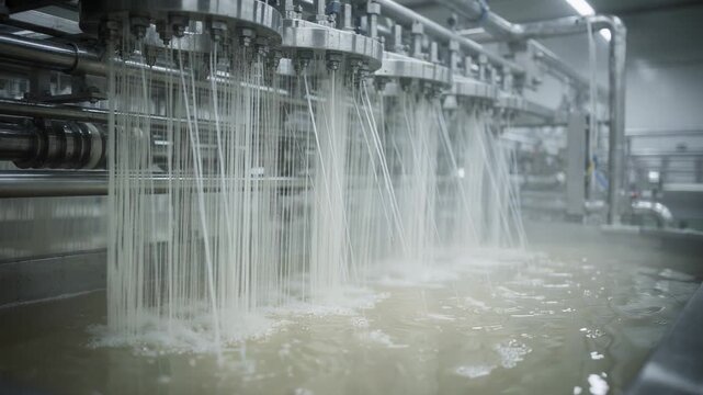 Medium shot of viscose rayon filament production showing continuous cellulose fiber strands being spun in a factory setting with industrial machinery.