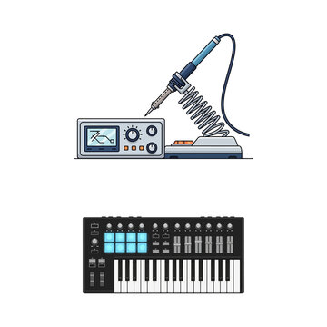 Electronic soldering iron station and MIDI keyboard controller vector icons