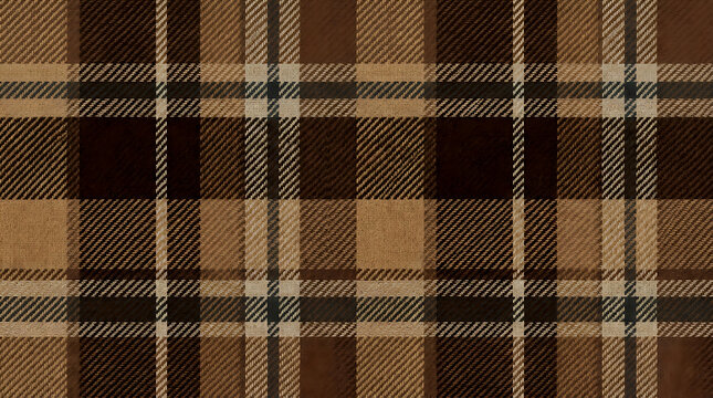 Seamless brown plaid fabric texture featuring elegant tartan pattern for autumnal fashion design and cozy interior decor projects with classic woven style
