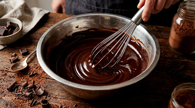 Professional baker whisks melted dark chocolate in a metal bowl on a rustic wooden tabletop for gourmet dessert preparation in a cozy kitchen setting