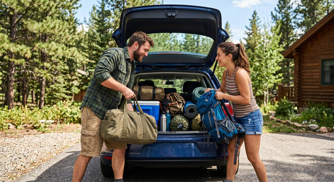 Friends cooperating to load suitcases into car trunk for road trip