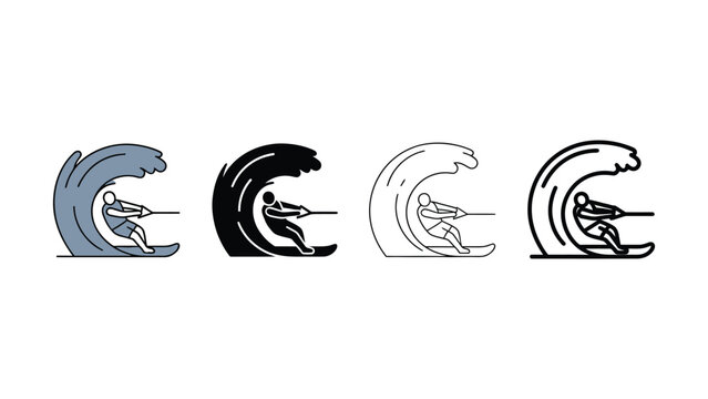 Four different colored illustrations of a man wakeboarding on a wave  water sports