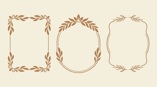 Set of elegant brown floral decorative frames on beige background for invitations and vintage labels