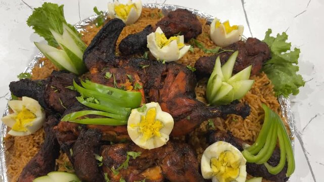 Delicious Arabic Chicken Kabsa Mandi Rice Video with Gourmet Garnish Footage