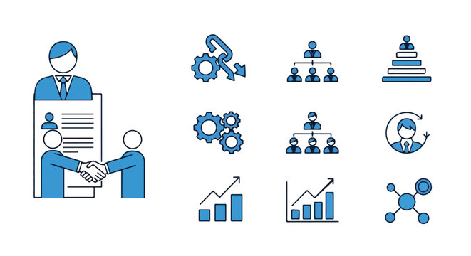 A collection of blue and white business icons representing recruitment, organizational structure, process, growth, and team collaboration.