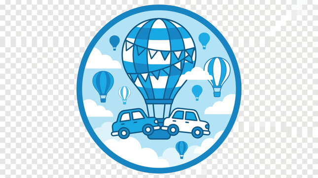 Blue circular logo with balloon lifting classic cars.