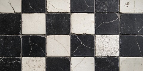 Naklejka premium Banner with black and white square shaped old chipped tiles. Generative ai, AI generated