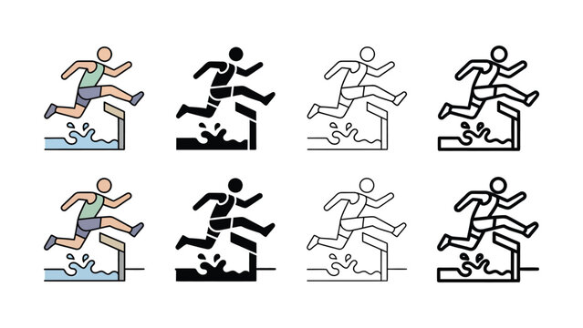 Stick figures running over obstacles in different colors and styles