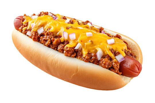 Classic chili dog topped with beef chili, melted cheddar cheese, and diced red onions in a soft hot dog bun.