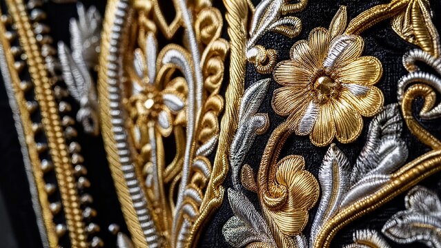 Intricate floral and geometric embroidery on charro jacket, gold and silver thread detail.