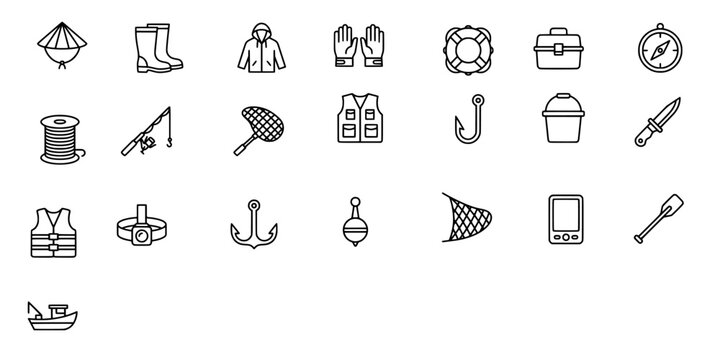 Icon set collection of professional fishing gear and apparel including rods, hooks, nets, vests, boots, compasses, and tools.