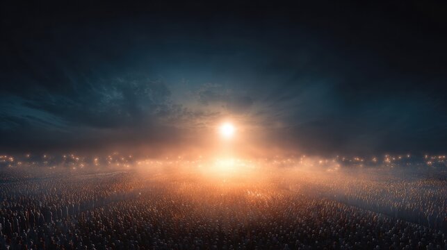Countless streams of warm light flow together as people gather to celebrate Arafat Day, symbolizing unity and shared purpose under a bright sky.