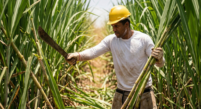 Brazilian sugarcane worker cutting cane with machete in field, manual labor and agriculture diversity