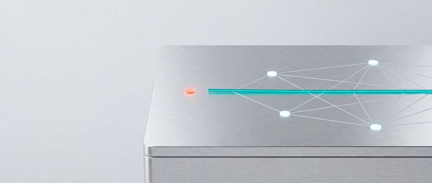Glowing data beam connecting network nodes on brushed metal technology surface