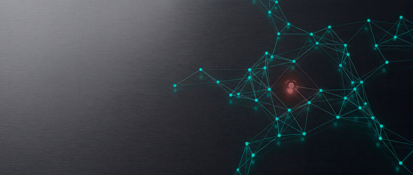 Teal plexus network connecting glowing nodes on dark brushed metal panel