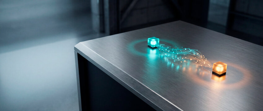 Glowing teal and amber cube nodes exchanging data particles on dark metal