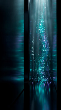 Teal and purple fiber optic data stream rising through dark glass server panel