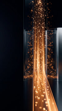 Golden digital numbers streaming down through glass panels in dark data room