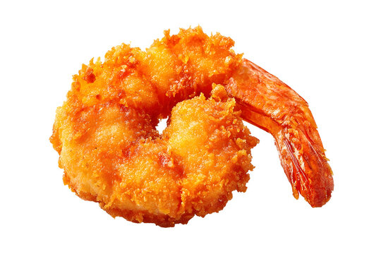 Crispy fried shrimp coated in golden crunchy breading, deep-fried until perfectly crisp and isolated on a white background.