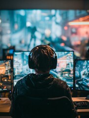Obraz premium Person Playing Video Games with Headset and Multiple Monitors