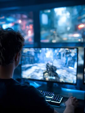 Young Man Playing Video Games in a Dark Room with Blue Monitor Glow