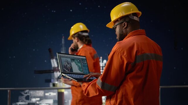 Circumventing fuel extraction operations embargo, map on laptop and offshore platform workers while searching for alternate maritime routes, oil crisis and drilling rig colleagues.