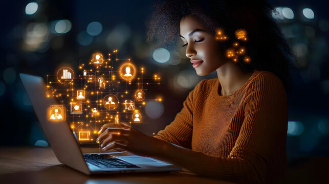 Woman on laptop, AI HR tech concept.