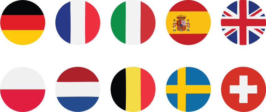 Round icons featuring flags from European countries